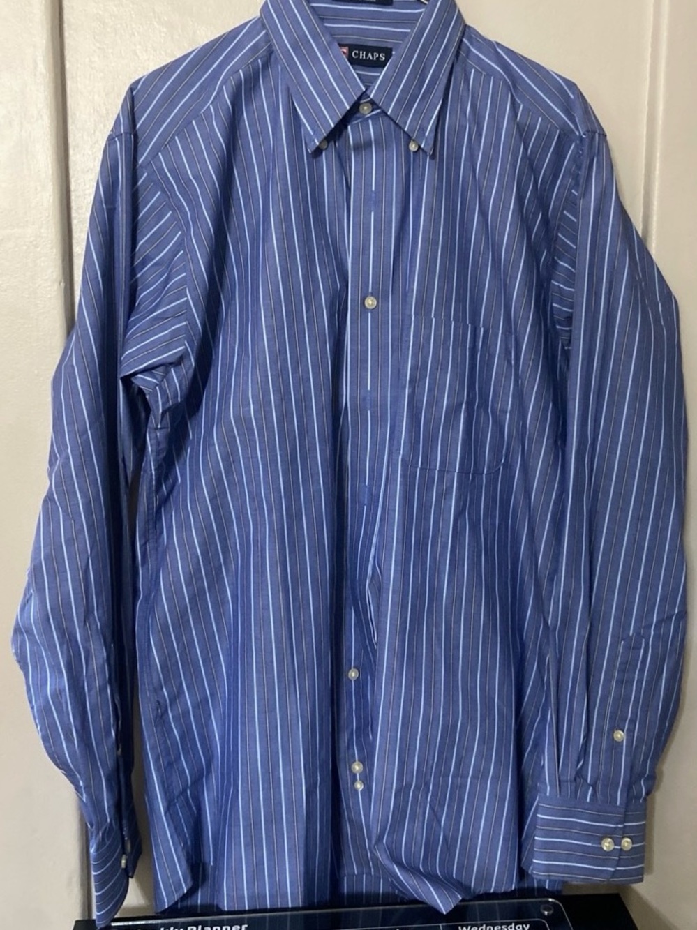 Chaps Men’s Navy and White Striped Button-Up Shirt